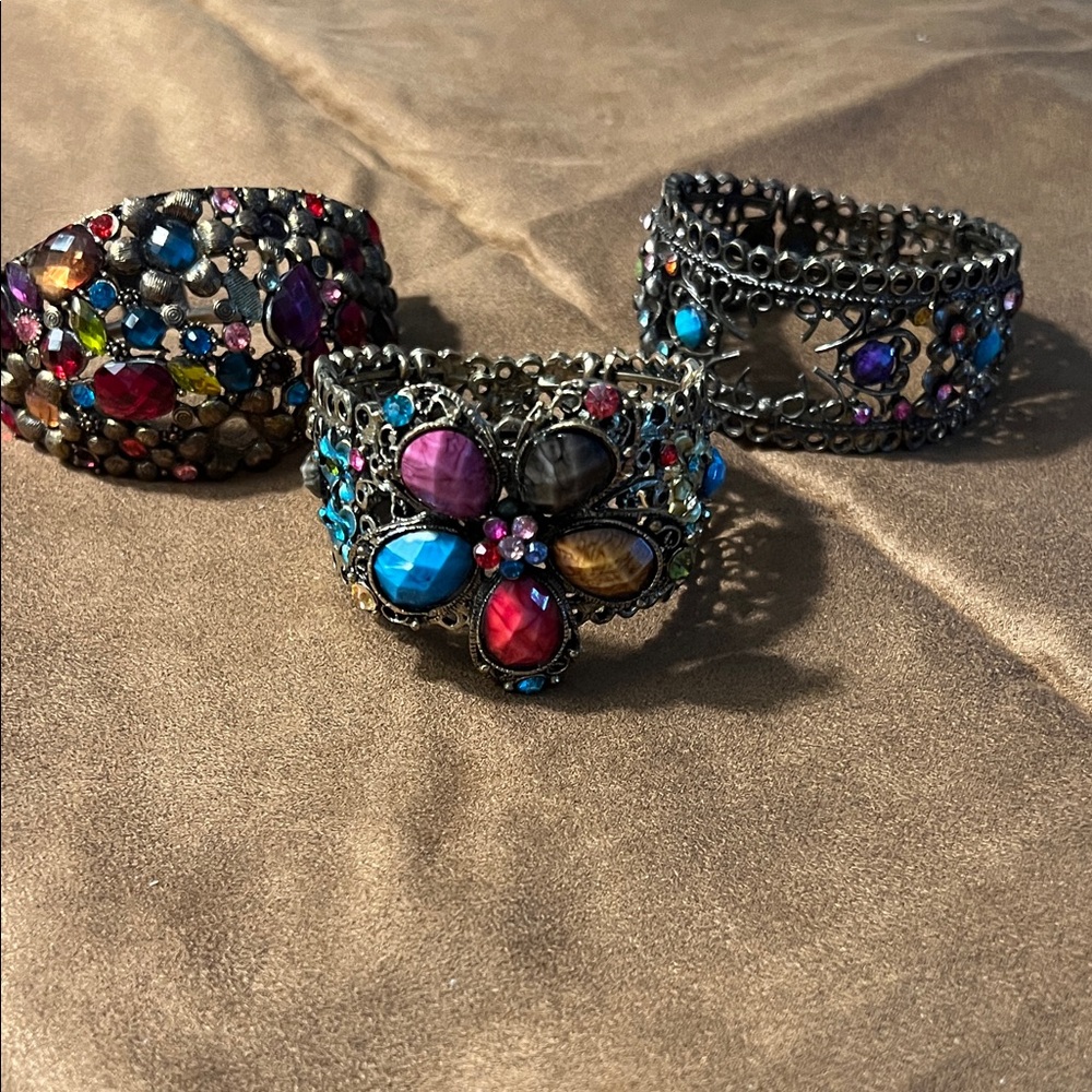 Multicolor Gemstone Filigree Cuff Bracelet - Women Jewelry 3 cuffs